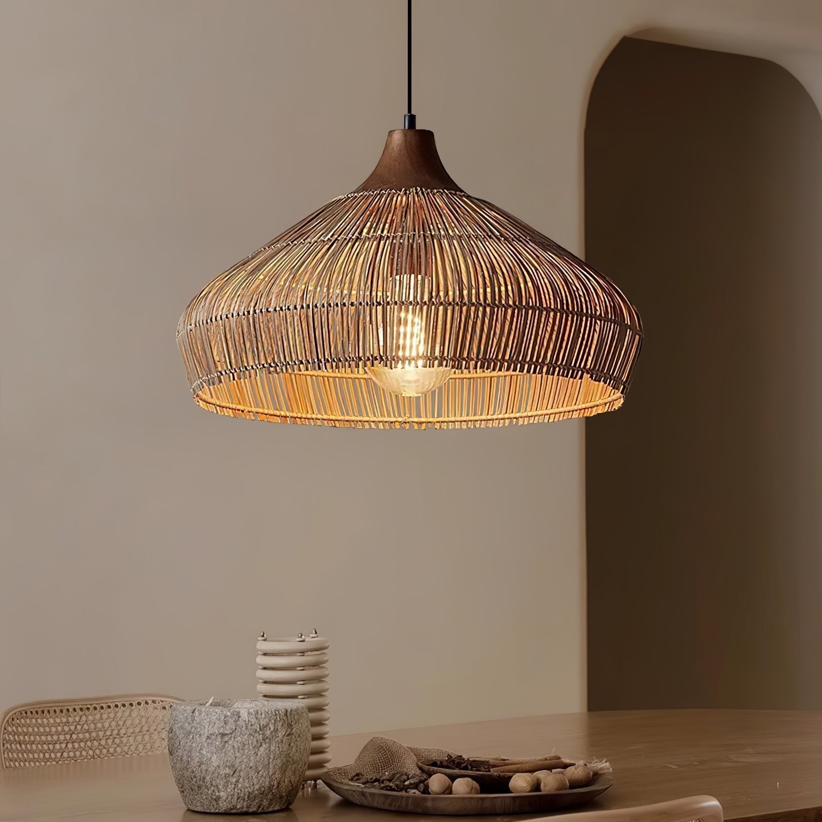 Fitting LED | Boho Woven Rattan Pendant Light for Warm Natural Ambient Lighting