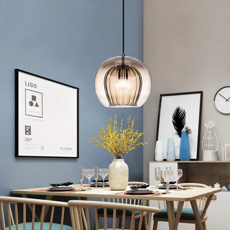 Fitting LED | Modern Ribbed Glass LED Pendant Light Decorative Hanging Lamp