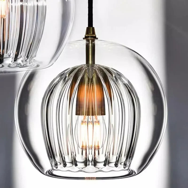 Fitting LED | Modern Ribbed Glass LED Pendant Light Decorative Hanging Lamp