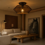 Fitting LED | Vintage Rattan LED Ceiling Light Boho Flush Mount Lamp
