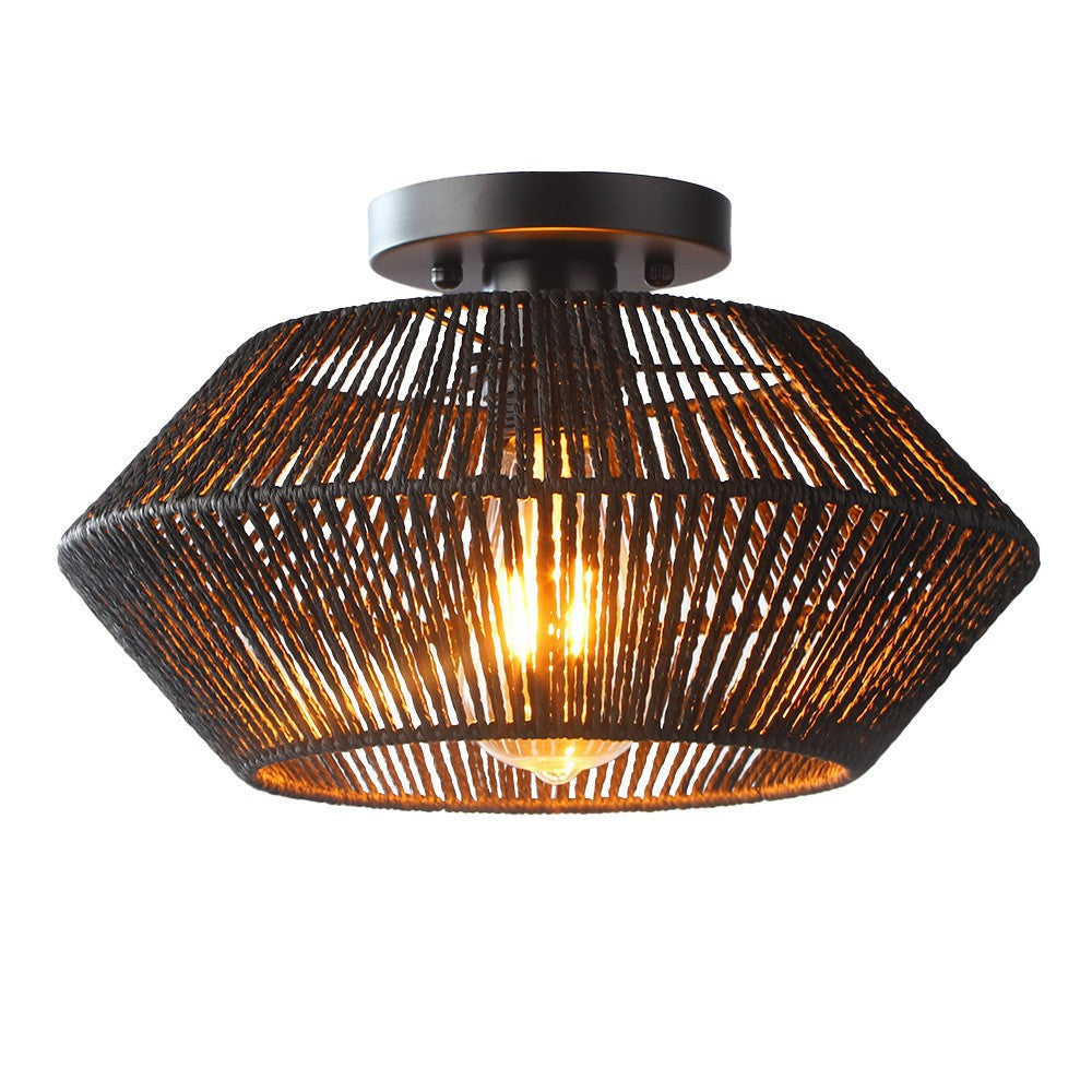 Fitting LED | Vintage Rattan LED Ceiling Light Boho Flush Mount Lamp